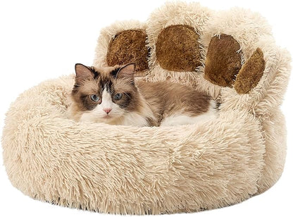 Jiupety Paw Shape Calming Pet Bed, Plush Faux Fur Donut Bed for Dogs & Cats, Machine Washable, Non-Slip Bottom, Medium (22"×22"×6"), Camel