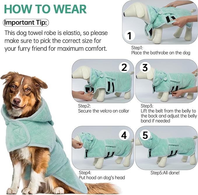 Microfibre Dog Drying Coat, Super Absorbent Towel, Magic Sticker & Belly Strap - Dog Robes for After Bath, Small to Large Sizes