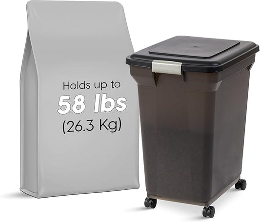 IRIS USA Dog Food Storage Container 58 lbs, Attachable Wheels, for Dog Cat Birds and other Pets, Food Storage Bin, Keep Fresh, Easy Mobility, BPA Free - Made in the USA, Black