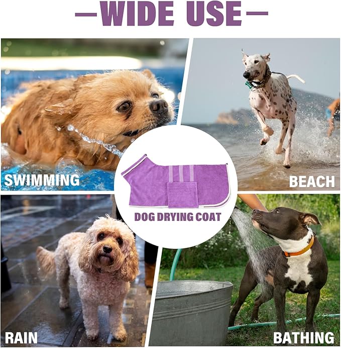 Dog Robe - Fast Drying Towel - Microfiber Super Absorbent Pet Bathrobe, Adjustable Collar & Belly Strap (Purple, X-Large)