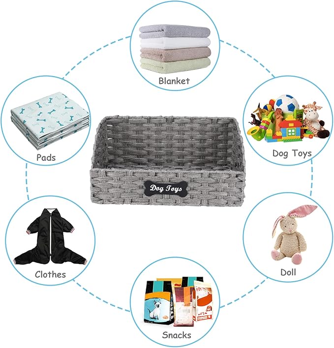 Geyecete dog toy basket Foldable Pet Toy Storage Box, Gray Seagrass & Iron Wire Design for Organized Living pet toy bin basket Wicker dog toy box