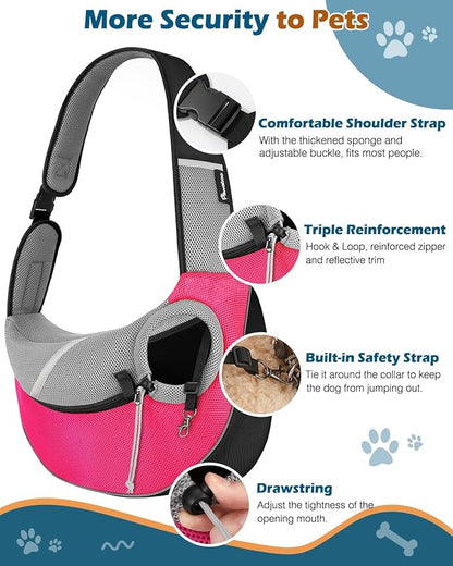 Pawaboo Pet Dog Sling Carrier, Hand Free Breathable Mesh Puppy Carrier, Dog Papoose with Zipper Touch Pocket and Adjustable Strap, Crossbody Satchel Dogs Purse for Outdoor, M, Pink