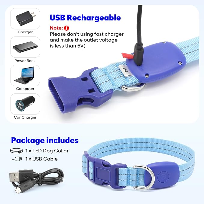 LED Lighted Reflective Dog Collar for Night Safety, USB Rechargeable, Glow Collar for Dogs, Waterproof, Adjustable Flashing (Blue, Medium)
