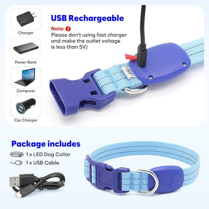 LED Lighted Reflective Dog Collar for Night Safety, USB Rechargeable, Glow Collar for Dogs, Waterproof, Adjustable Flashing (Blue, Medium)