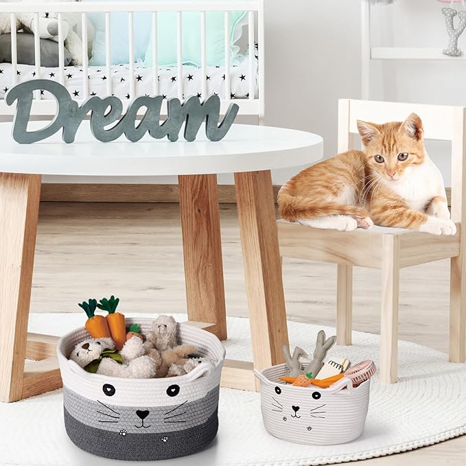 Zopeal Cat Basket Storage Woven Organizer with Ears Easter Decorative Pet Toy Cute Cotton Rope Basket for Gift Cat Dog Toy Bin Nursery Room(13.7 x 7.8 Inch,White, Light Gray, Dark Gray)