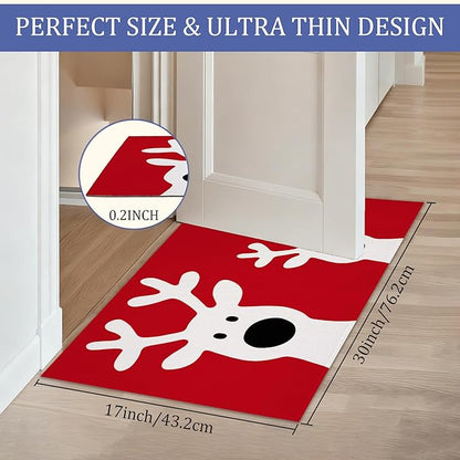 Cute Reindeer Front Door Mat,Anti-Slip Christmas Red Entrance Indoor Rug Mat,Low Profile Door Mat Entrance,Doormats for Home Kitchen Bedroom Porch, Hallways 30 x 17 Inch