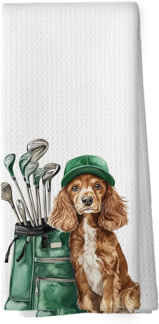 Golf Dog Kitchen Towels - Cocker Spaniel Dish Towels, Sports Gifts, Pet Golf Club Decorative Absorbent Dishcloths Hand Towels for Kitchen Gym Spa Decor 16x24 Inches