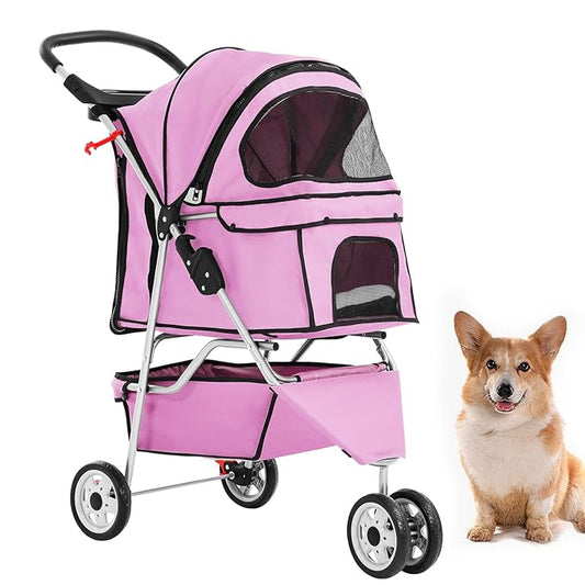BestPet 3 Wheels Pet Dog Stroller Cat Cage Jogger Stroller Cats Travel Folding Carrier Waterproof with Cup Holder & Removable Liner,Pink