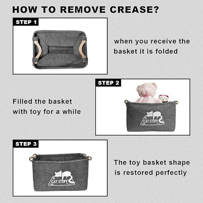 Cat Toy Box, Cat Toy Storage Basket with Handles, Felt Pet Toy Basket Pet Supplies Storage Bin, Perfect for Organizing Cat Toys and Accessories