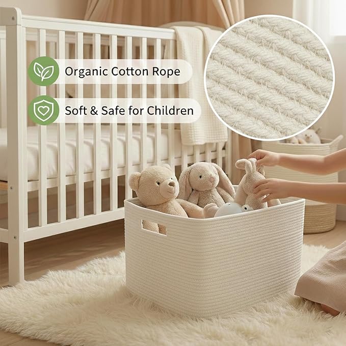 Woven Blanket Basket,96L Large Storage Bin for Blankets Toys Clothes,Decorative Rope Basket for Living Room Bedroom with Handles, White