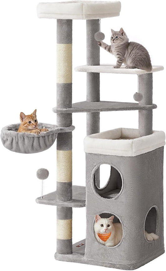 Feandrea Cat Tree, 60-Inch Cat Tower, Multiple-Level Plush Condo with 2 Caves, 3 Scratching Posts, 3 Perches, Dove Gray UPCT007G01