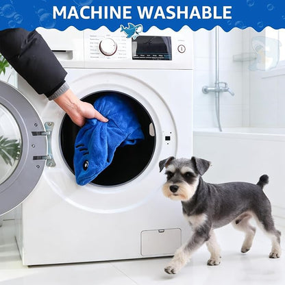SCENEREAL Dog Bathrobe Fast Drying Towel Microfiber Dog Towel Robe with Hook and Loop Closure & Wrap Tie Snuggle, Super Absorbent Pet Cat Dog Bath Robe Drying Coat, Shark Hood L