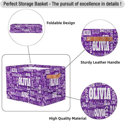 Personalized Storage Bins, Customized Name Storage Basket Rectangle Clothes Organizer for Organizing Kids and Pets Toys Shelf Closet, Bright Color Purple Sequins Pattern Print