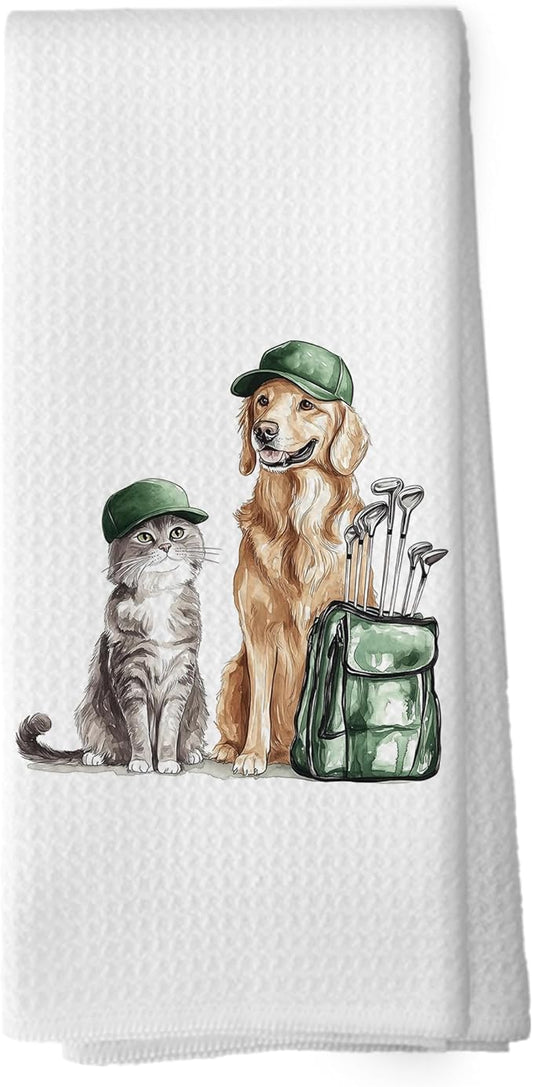 Golf Dog Cat Kitchen Towels - Golden Retriever Dish Towels, Sports Gifts, Pet Golf Club Decorative Absorbent Dishcloths Hand Towels for Kitchen Gym Spa Decor 16x24 Inches
