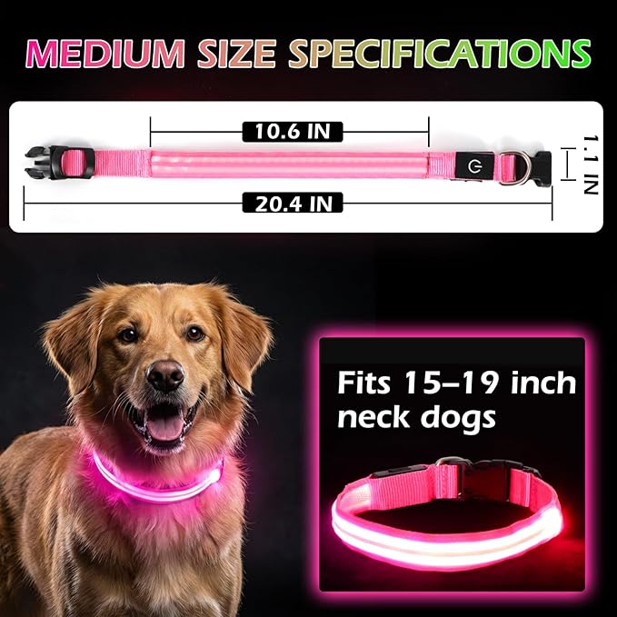 LED Light Up Dog Collar for Night Walking, Rechargeable Safety Glow Illuminated Collar with 3 Modes Flashing, Reflective Adjustable Pet Light for Small/Medium Dogs Puppy 15-19" Neck 1 Pack (Pink)