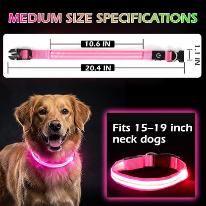 LED Light Up Dog Collar for Night Walking, Rechargeable Safety Glow Illuminated Collar with 3 Modes Flashing, Reflective Adjustable Pet Light for Small/Medium Dogs Puppy 15-19" Neck 1 Pack (Pink)