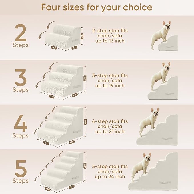 PAWSCART Pet Stairs for Dogs 3-Step, 15.7" H Pet Stairs for High Bed, Couch Sofa & Chair, 30D Material Soft Foam Dog Steps with Non-Slip Bottom Surface Removable Washable Cover, Beige