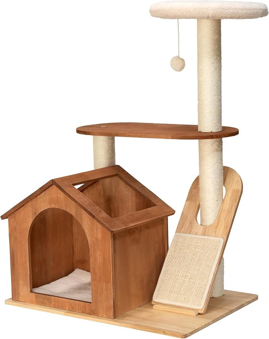 Kitty City Wooden Cat Tower with Hideaway House & Scratching Pad, Modern Two-Level Indoor Cat Furniture with Removable Sherpa Cushion