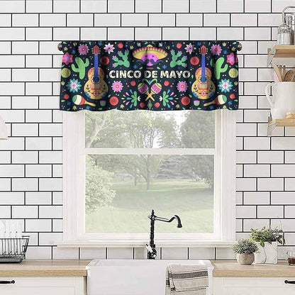 Mexican Style Valances Curtain for Kitchen, Mexico Cinco De Mayo Flowers Cactuses Singer Window Treatment Valances Short Curtains Rod Pocket Drape for Dining Room Home Decor, 54x18inch