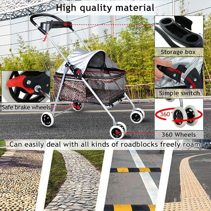 Dog Stroller Pet Stroller Cat Strollers Jogger for Small-Medium Dogs, Cats Folding Travel Carrier Durable 4 Wheels Doggie Cage with Cup Holder Waterproof Puppy Strolling Cart Leopard Skin