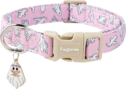 Faygarsle Pink Ghost Pattern Dog Collar with Charm, Halloween Pet Necklace, Adjustable Collar for Small Medium Large Dogs L
