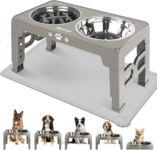 Elevated Dog Bowls with Mat, Non-Slip Dog Feeder with 1*Stainless Steel Dishes & 1*Slow Feeder Bowl, 5 Heights Adjustable Raised Bowls for 3.15″-8.66″-9.84″-11.02″-12.2″