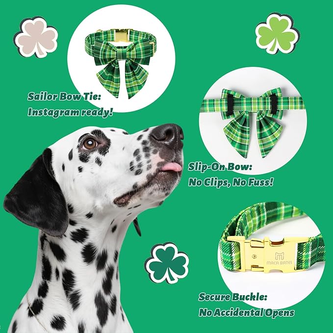 Maca Bates Irish Plaid Dog Collar with Sailor Bow Tie,Shamrock Green Gingham Pattern for Medium Girl Boy Dogs,Adjustable Durable Soft Collars Gift for Male Female Puppy