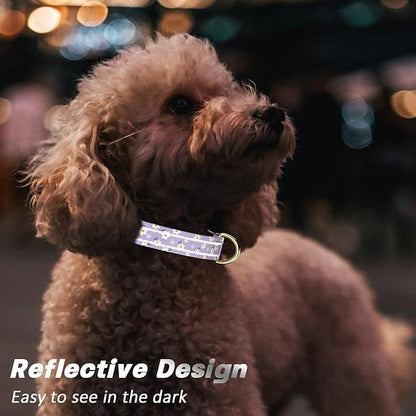 Reflective Dog Collar for Large Dogs, Cute Flower Theme Adjustable Heavy-Duty Nylon Puppy Collar for Boy and Girl Female, Soft Pet Accessories with Quick Release Buckle, Purple White