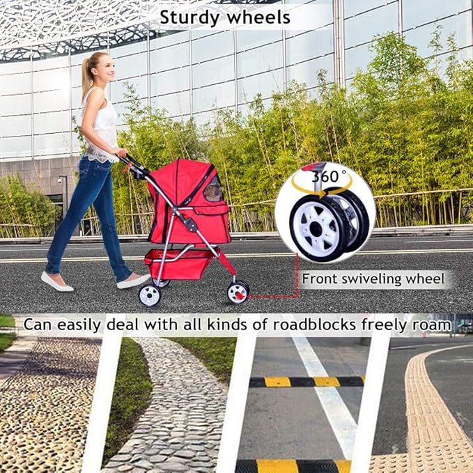 Dkeli 3-Wheel Pet Stroller, Lightweight Foldable Dog Stroller for Small Medium Dogs & Cats, Breathable Mesh & Weather Cover with Storage Basket, for Daily Walk Outdoor Travel (Red)