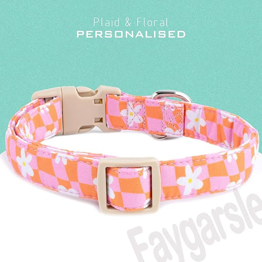 Faygarsle Floral Dog Collar, Pink and Orange Pattern with White Flowers, Spring Summer Design for Small Medium Large Dogs L