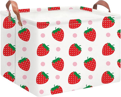 Rectangular Storage Basket Empty, Storage Bin with Handles, Room Decor, Gift Basket, Book Box(Strawberry)