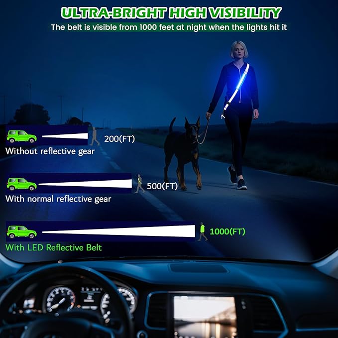 LED Reflective Belt Sash, Rechargeable LED Light Night Safety Walking Gear, High Visibility Adjustable Reflective Gear for Runners Walkers Cyclists at Night (Blue)