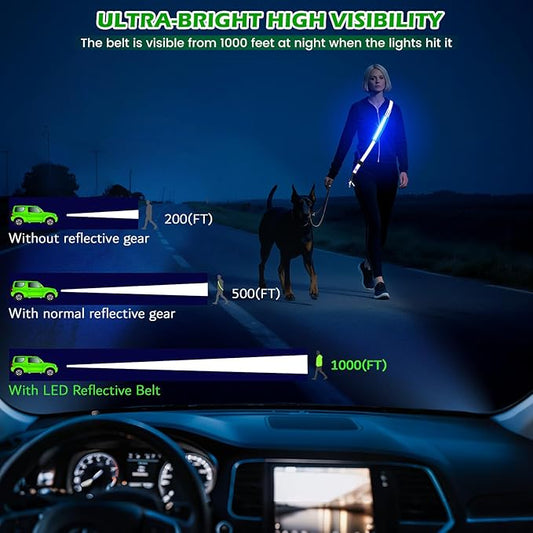 LED Reflective Belt Sash, Rechargeable LED Light Night Safety Walking Gear, High Visibility Adjustable Reflective Gear for Runners Walkers Cyclists at Night (Blue)