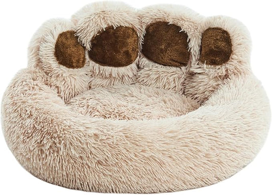 Jiupety Paw Shape Calming Pet Bed, Plush Faux Fur Donut Bed for Dogs & Cats, Machine Washable, Non-Slip Bottom, Large Size (26"×26"×8"), Camel