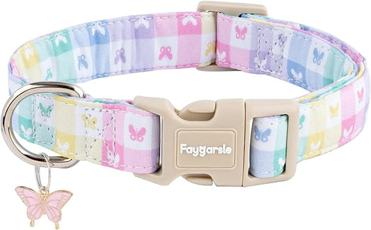 Faygarsle Pastel Butterfly Print Dog Collar, Adjustable with Quick-Release Buckle, Lightweight Summer Design for Small Medium Large Dogs Colorful M