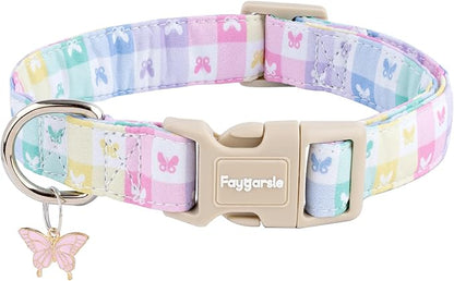 Faygarsle Pastel Butterfly Print Dog Collar, Adjustable with Quick-Release Buckle, Lightweight Summer Design for Small Medium Large Dogs Colorful L