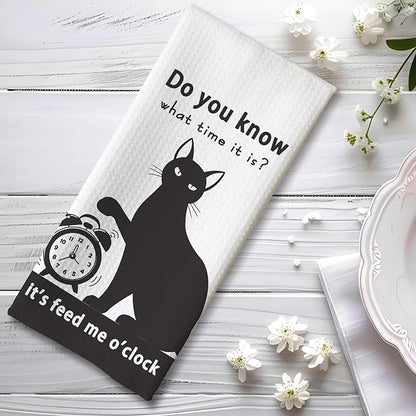 Cat Kitchen Towels - Funny Feeding Time Quick-Dry Implied Message Art Hand Towel, Decorative Dish Towel with Whimsical 'Meal O'Clock' Motif for Feline Ladies & Pet Parents | Crazy Cat Lady Gifts
