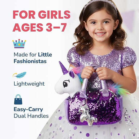 Little Jupiter Plush Pet Set w/Purse - Unicorn Stuffed Animals for Girls - Plush Gift for Age 4-5 - 6-7 yrs (White Unicorn)