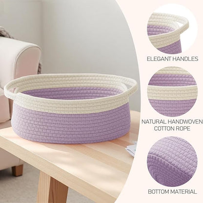 Woven Basket,Small Rope Storage Bin with Handles & Ribbon Bag, Organizer for Shelves Closets,Gift Basket Empty for Birthday,Books,Dog Toys, White&Purple/3 Pack