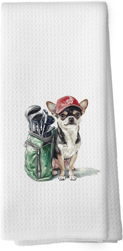 Golf Dog Kitchen Towels - Chihuahua Dish Towels, Sports Gifts, Pet Golf Club Decorative Absorbent Dishcloths Hand Towels for Kitchen Gym Spa Decor 16x24 Inches