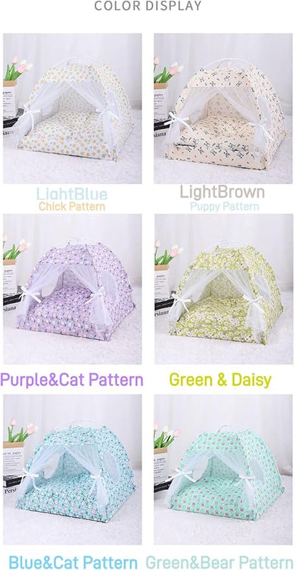 Selena Dog Tent House Cat Bed Indoor Outdoor Bow Ribbon Lace Mesh Breathable Windows Door Curtains Removable Portable Pet Nest Teepe (Medium,Purple+Cat)