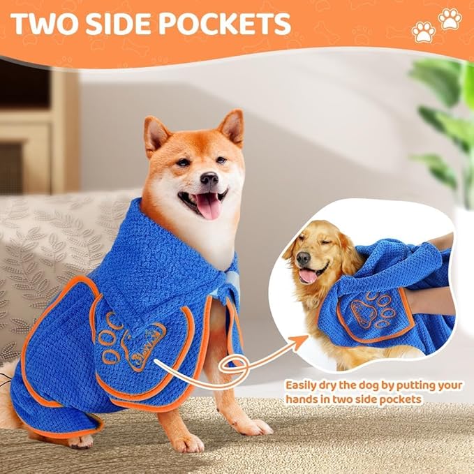SlowTon Dog Bathrobe Towel - Super Absorbent Microfiber Pet Quick Drying Towel, Wearable Soft Bath Robes for After Bath Shower Swim Wet Walk, Adjustable for Small Middle Large Dogs (Blue, L)