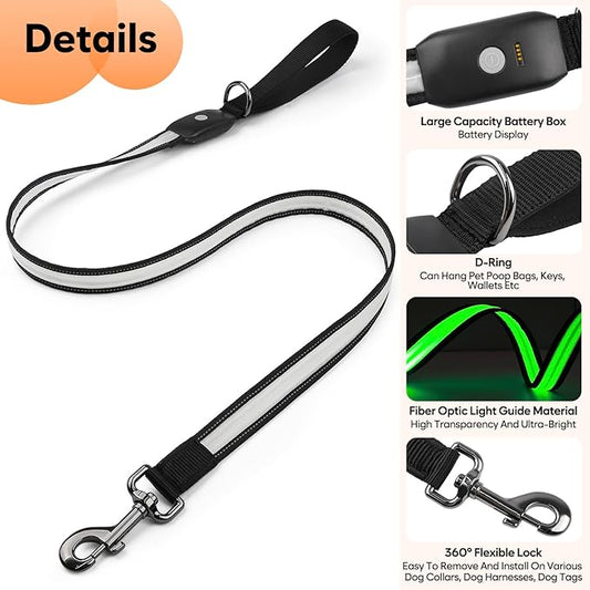 LED Dog Leash Ultra Bright, Waterproof, 7 Lighting Mode, Glow in The Dark & Reflective, Type-C Rechargeable, Battery Indicator, Carabiner Clip for Night Walking Safety, Small to Large Pets