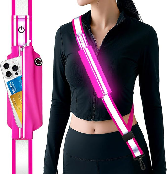 LED Reflective Belt Sash, Rechargeable LED Light Night Safety Walking Gear, High Visibility Adjustable Reflective Gear for Runners Walkers Cyclists at Night (Pink)