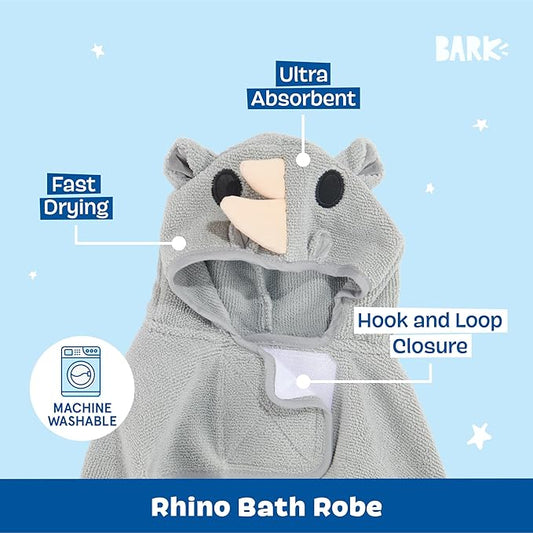 Barkbox Dog Bathrobe Fast Drying with Hook and Loop Closure & Wrap Tie Snuggle, Cute Dogs Clothes, Easy to Clean, Machine Washable, Dog Coats for Small Dogs, Tumble Dry Low - Rhino, Small