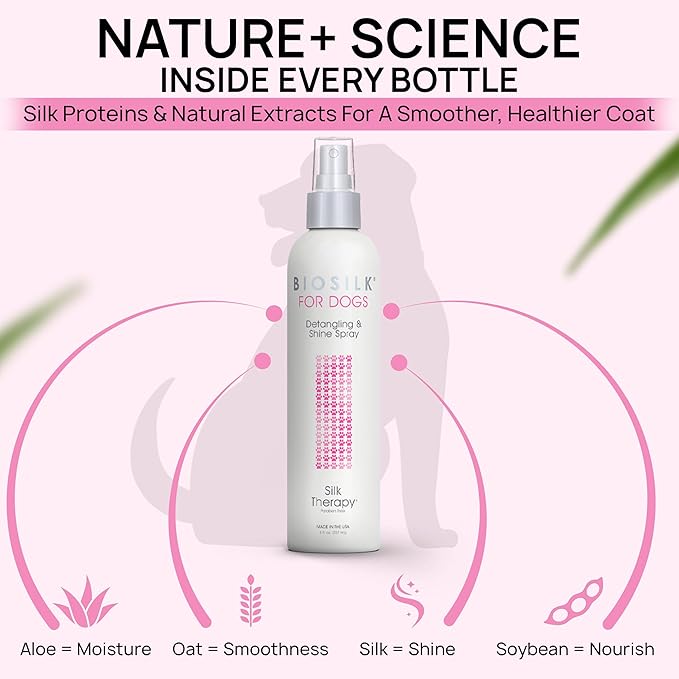 BioSilk for Dogs Detangling Spray with Shine Support, Lightweight Leave In Grooming Mist that Helps Smooth Coats, Detangle, and Add Shine Without Buildup, 8 Fl Oz