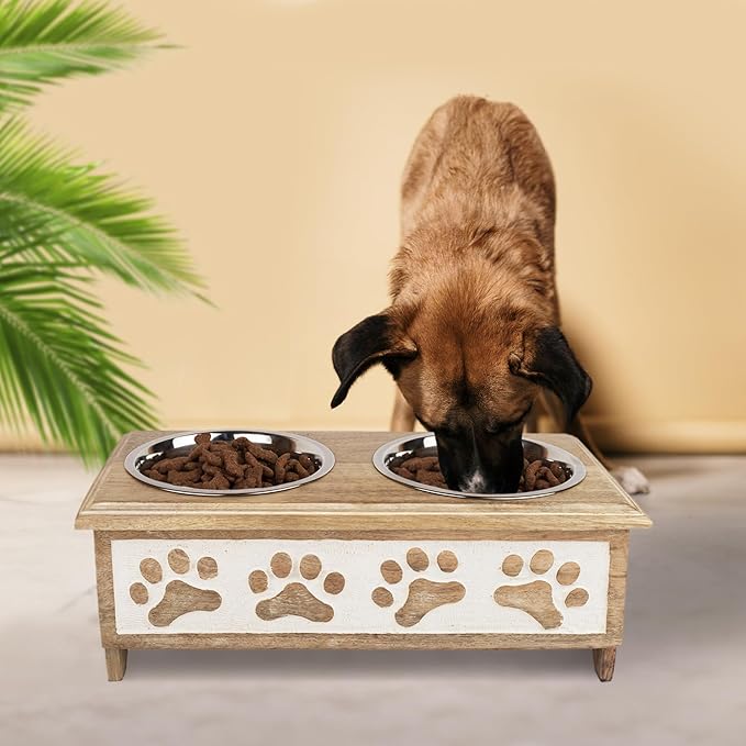 GoCraft Raised Dog Bowls for Small Dogs – Whitewashed Wooden Elevated Feeder Stand in Modern Farmhouse Style with 2 Stainless Steel Bowls for Pet Food & Water