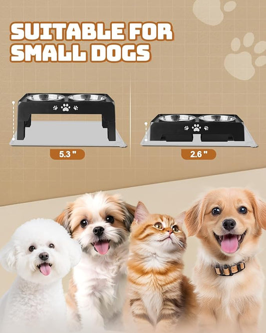 Elevated Dog Bowls with Mat for Small Dogs and Cats, Dog Feeder with 2 Thick 5.5" Stainless Steel Dishes, Non-Slip 2 Heights Adjustable to 2.6"-5.3"