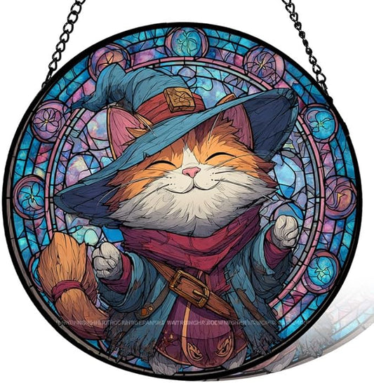 Stained Glass Window Hanging， Wizard Cat 9.8in Sun Catchers Indoor Window， Core Decor Inside and Outside The Cottage， Gifts for Women， Whimsical Feline Art， Colorful Accent Decor