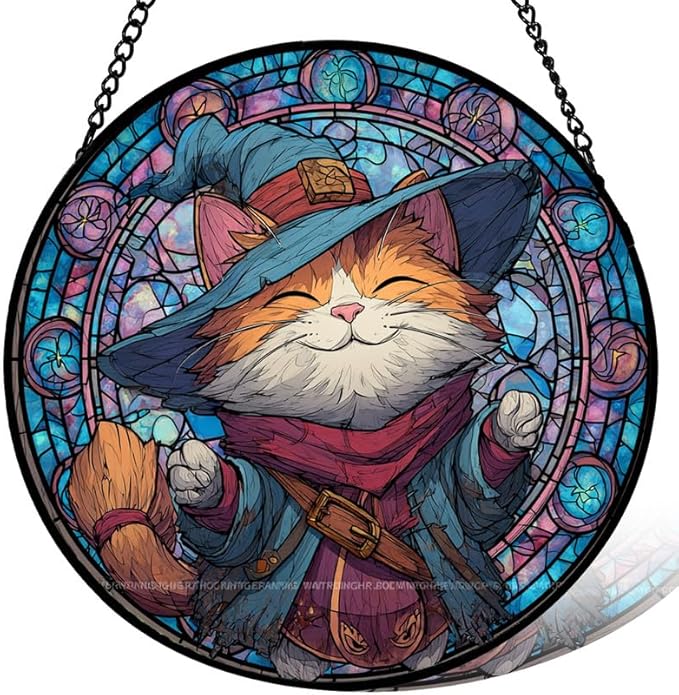 Stained Glass Window Hanging， Wizard Cat 11.8in Sun Catchers Indoor Window， Core Decor Inside and Outside The Cottage， Gifts for Women， Whimsical Feline Art， Colorful Accent Decor